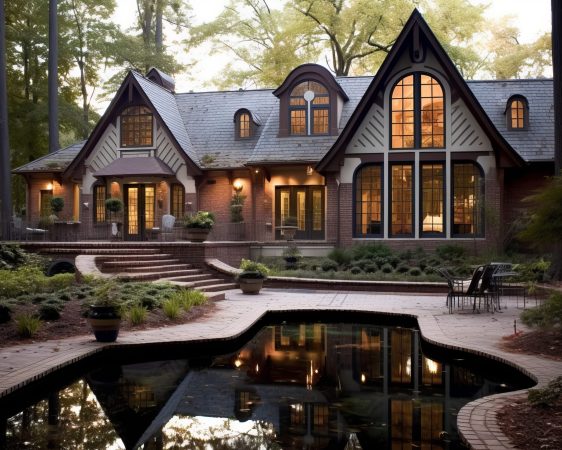 Beautiful backyard exterior house. Deck property. Generate Ai